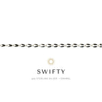 Silver chain bracelet with 'Swifty' branding on a white background