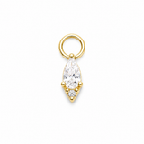 A gold charm featuring a marquise-cut clear gemstone in a prong setting with a small cluster of round clear gemstones below, attached to a circular ring loop, shown on a plain white background.