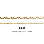 Gold chain labeled 'LEO Single Link Cable Figaro' on a white background