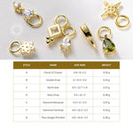 Gold jewelry charms with a table displaying their styles, names, sizes, and weights.