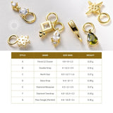 Gold jewelry charms with a table displaying their styles, names, sizes, and weights.