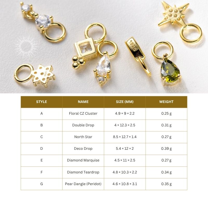 Gold jewelry charms with a table displaying their styles, names, sizes, and weights.
