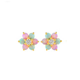Pair of flower-shaped earrings with colorful petals and a central gemstone on a white background.