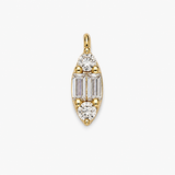 A gold pendant featuring a central baguette-cut diamond flanked by round and marquise-cut diamonds, set in a yellow gold bezel with small gold accent beads, on a light gray background.