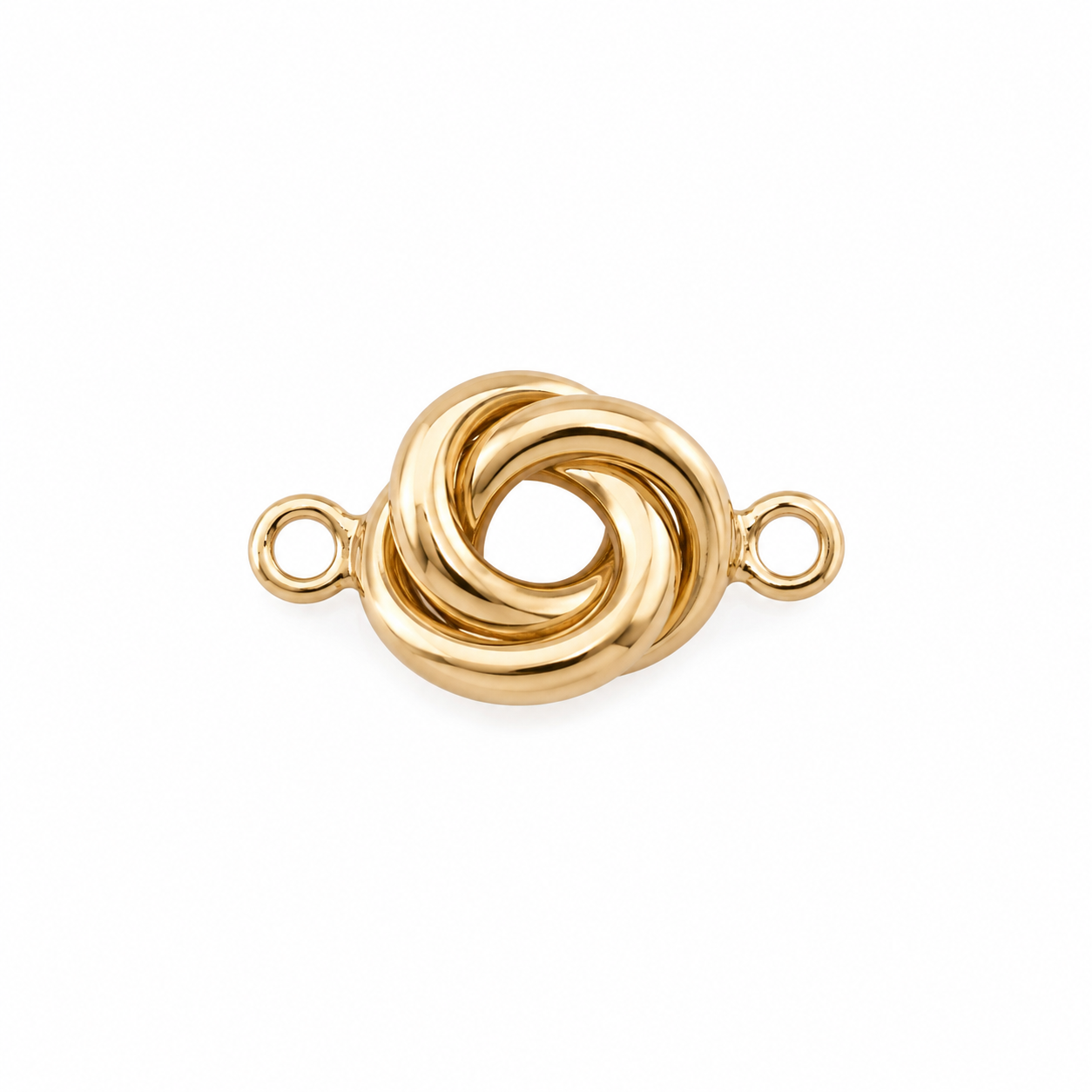 A polished gold-colored metal jewelry clasp with a twisted knot design and two small loop attachments on the sides, shown on a plain white background.