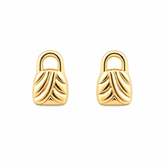 A pair of gold stud earrings shaped like small padlocks with a textured leaf-like pattern on the front, set against a plain white background.