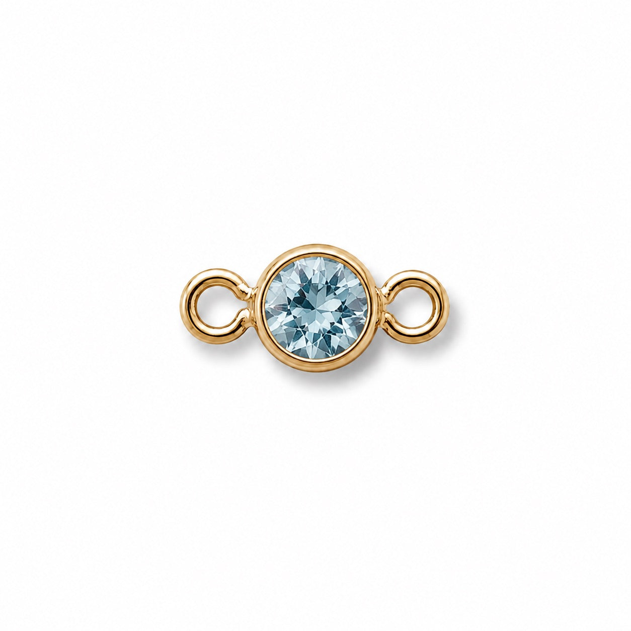 Gold jewelry connector with a light blue gemstone on a white background