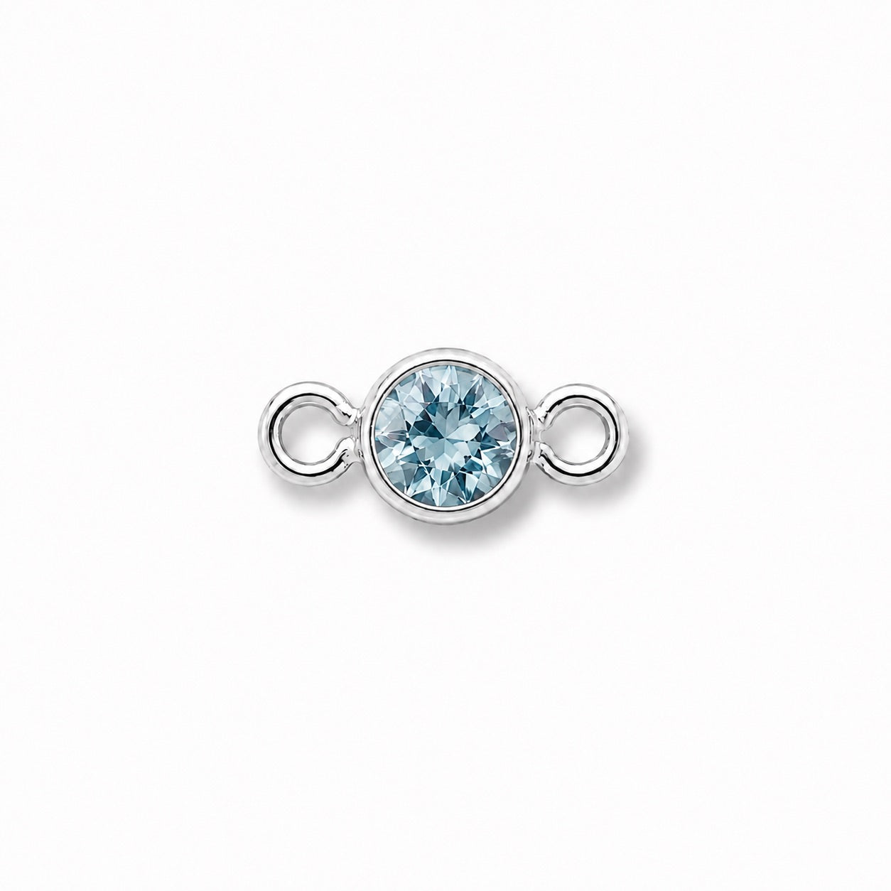 Silver jewelry connector with a light blue gemstone on a white background