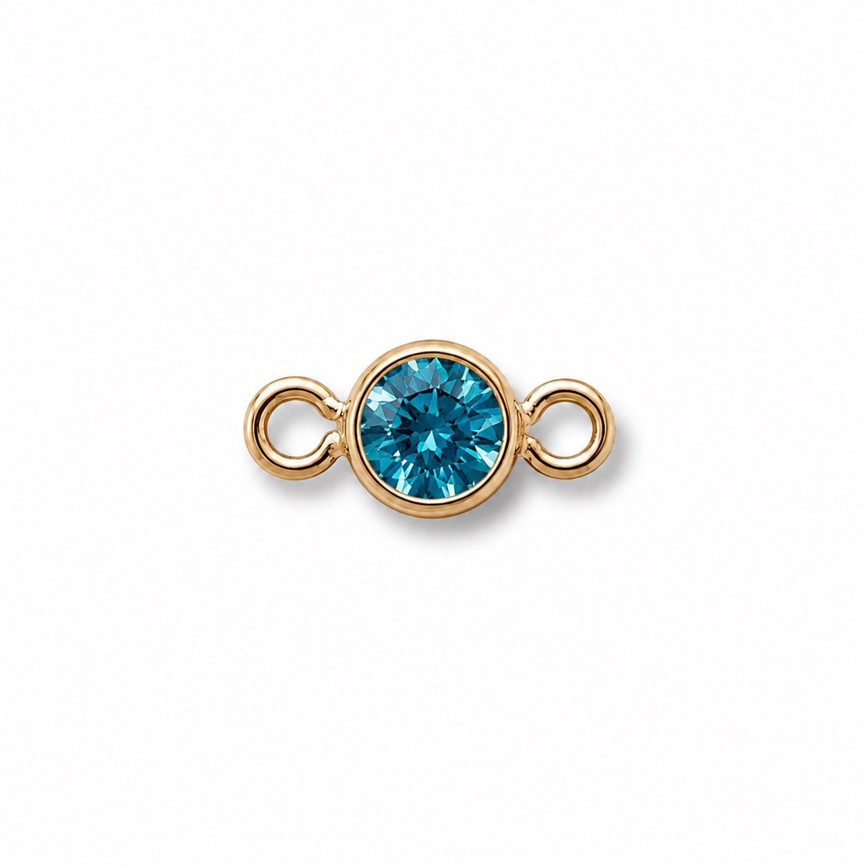 Gold jewelry connector with a blue September gemstone on a white background