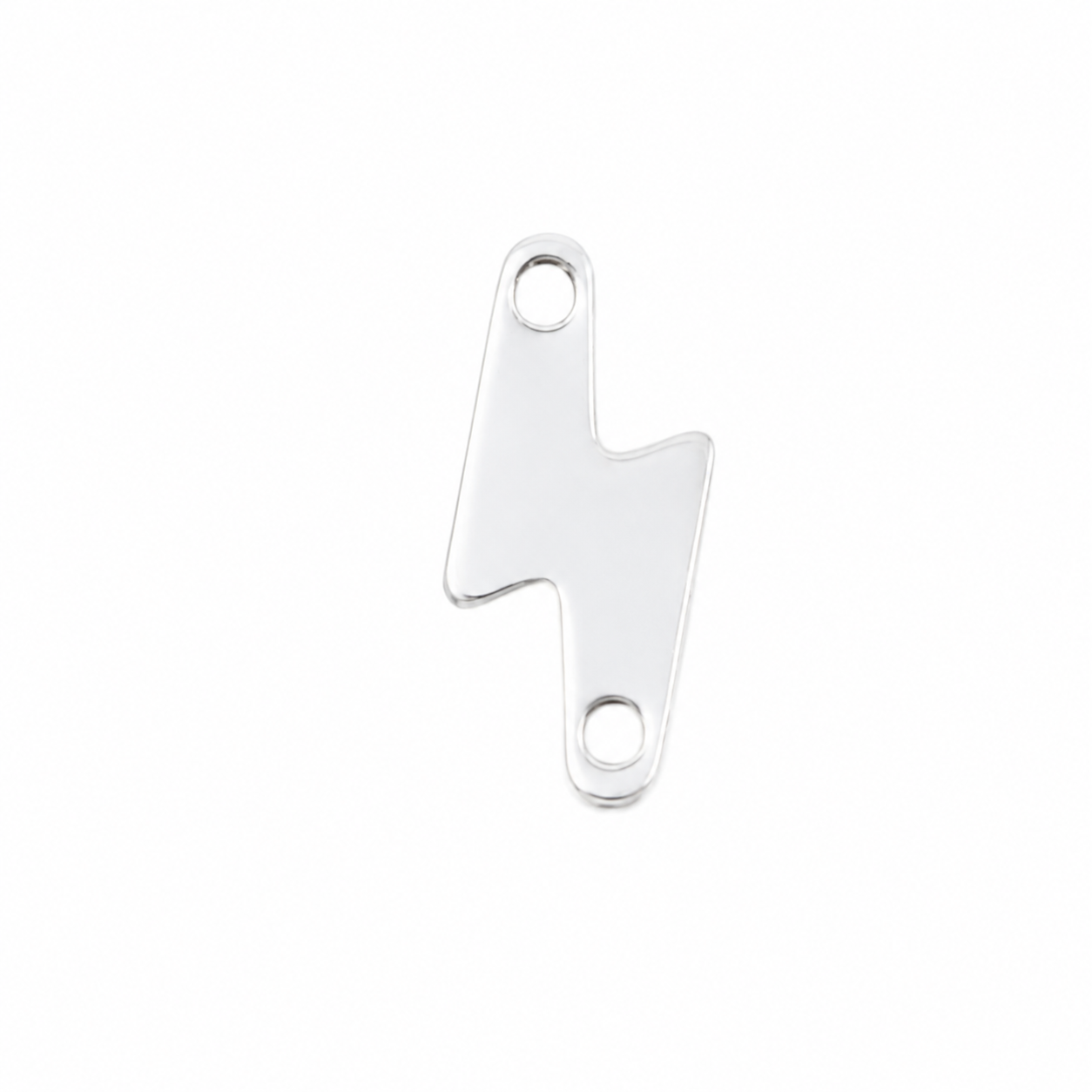 A polished silver lightning bolt charm with two pre-drilled holes, shown on a clean white background.