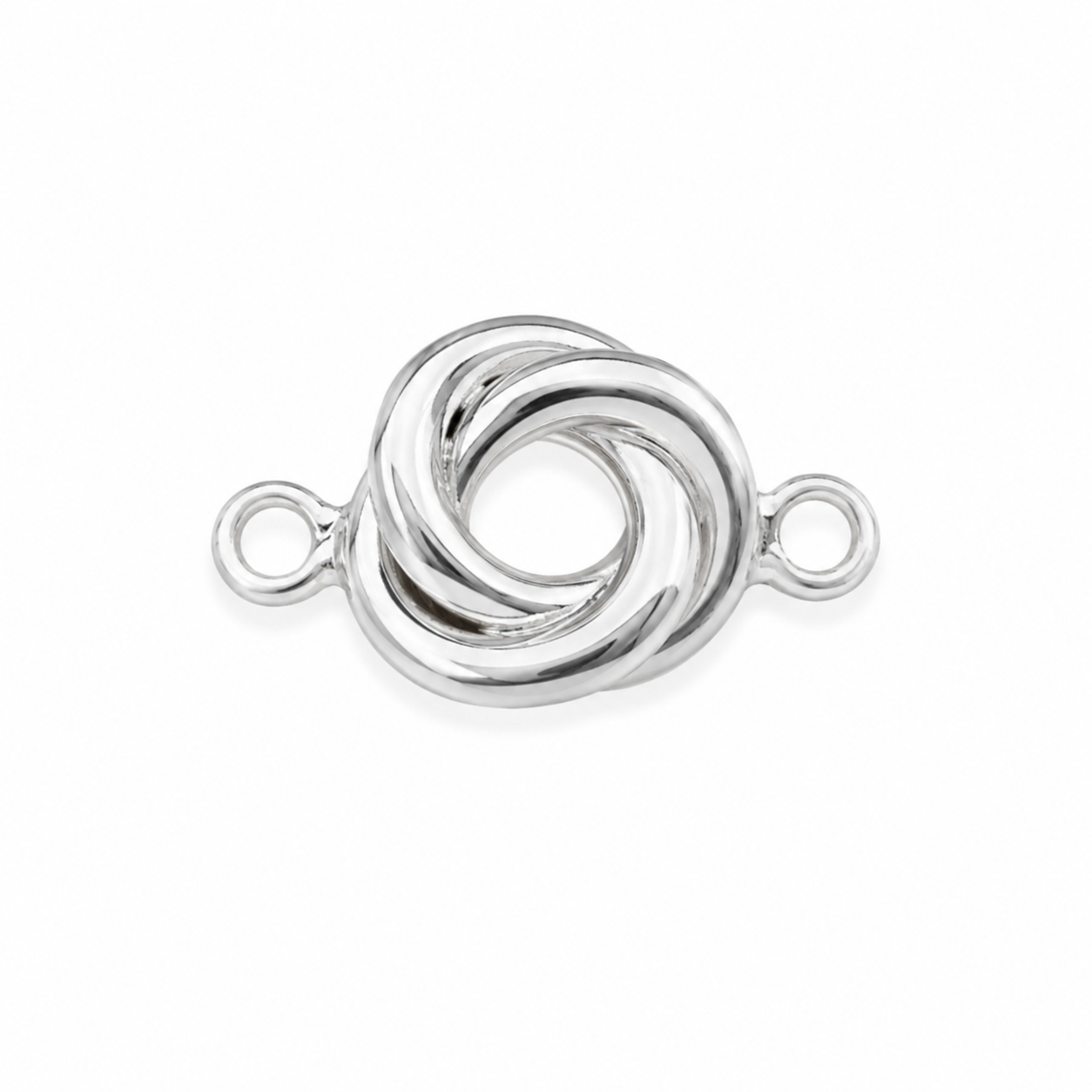 A polished silver twist clasp connector with two loops on either side, shown on a clean white background.