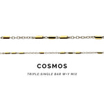 Gold and silver chain necklace with 'Cosmos' branding on a white background