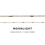 Gold and silver chain necklace with 'MOONLIGHT' and product description on a white background